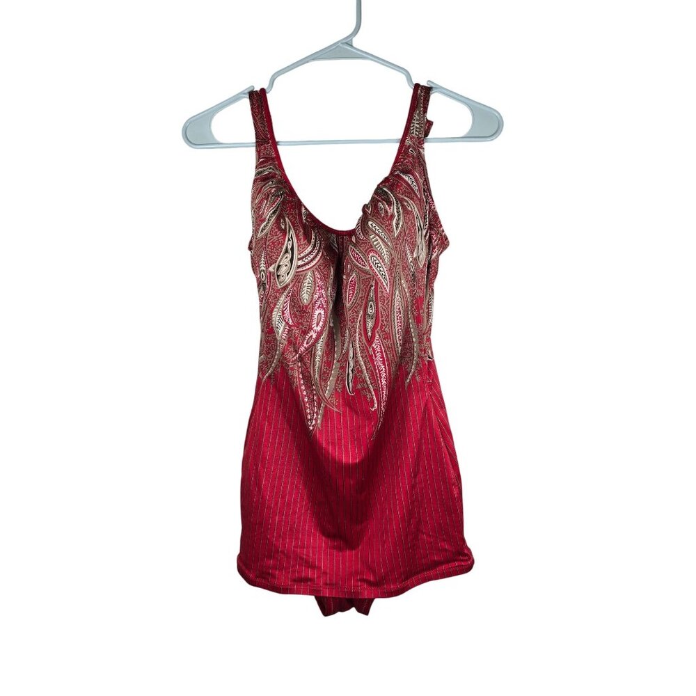Vintage Retro De Weese Design Red Paisley & Stripe One-Piece Swimsuit Large